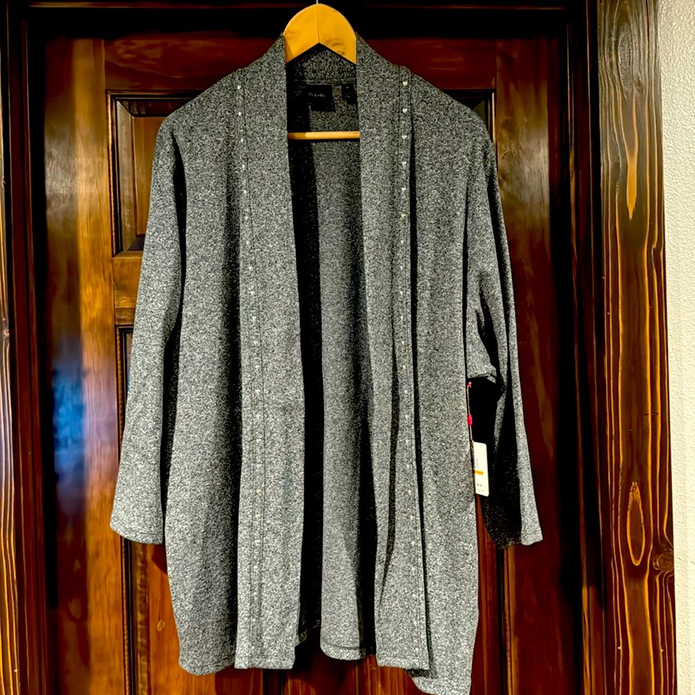 Wonderful grey sweater with decorative silver trim.